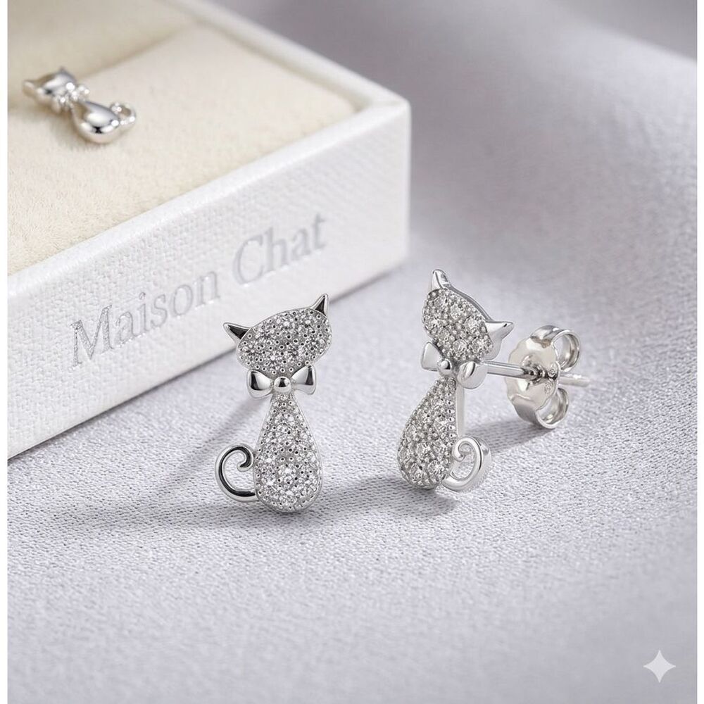 Sterling Silver Pave CZ Cat Stud Earrings with Bow Accent Sparkling Pet Jewelry